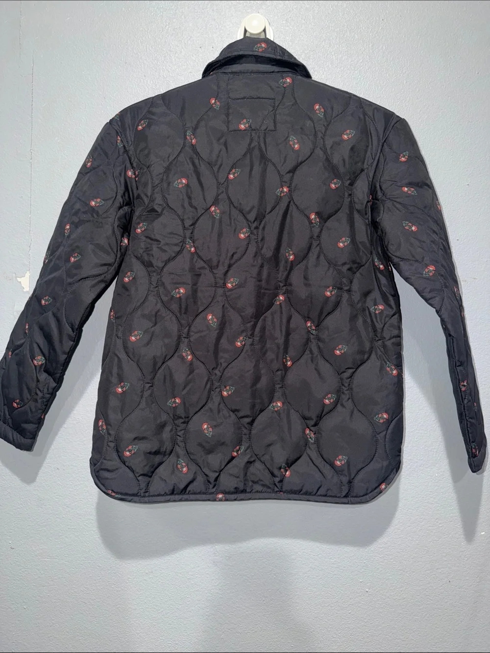 Old Navy Black Quilted Puffer Jacket with Red Floral Dots